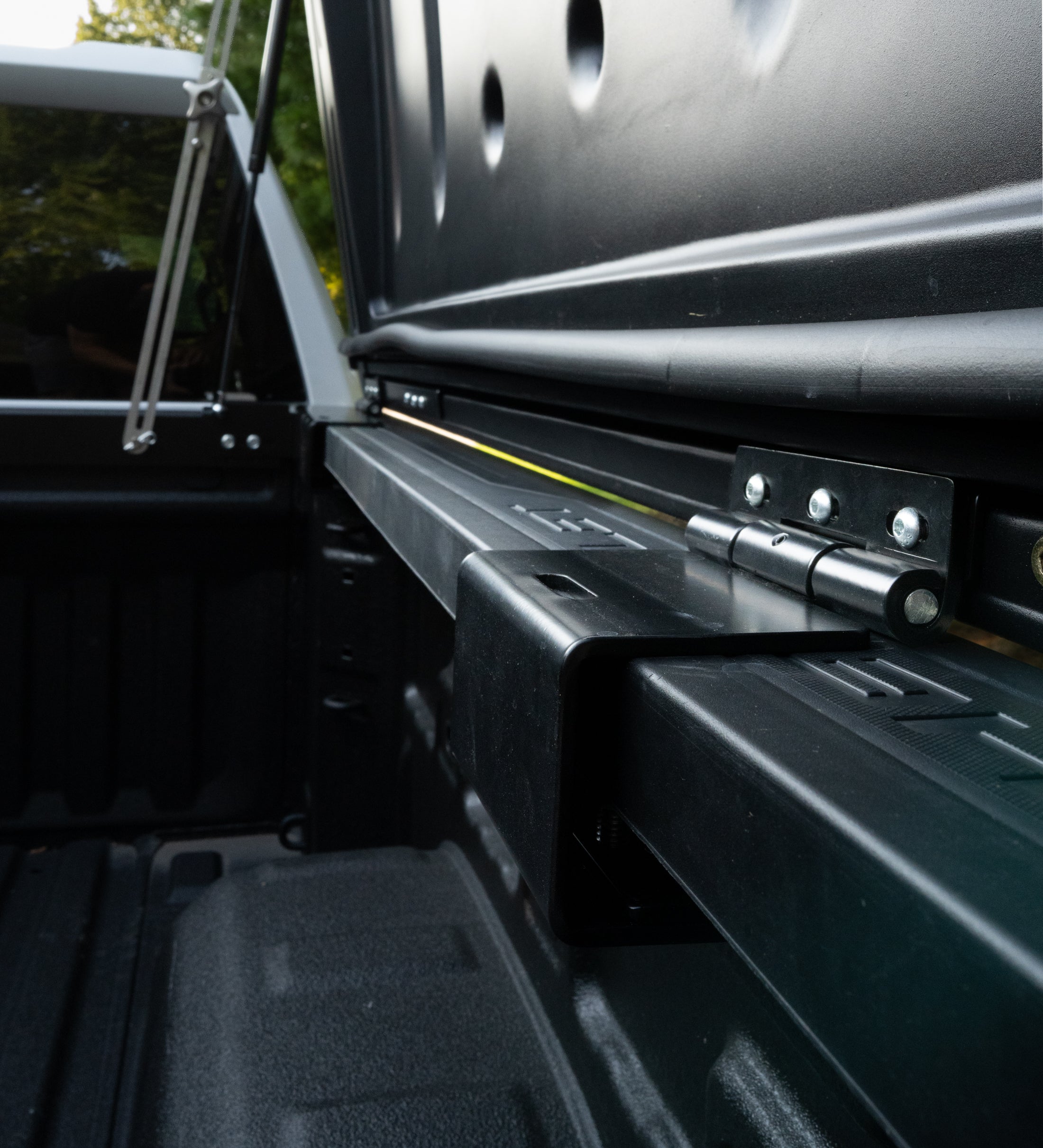 Close-up of FastBack hinge and rail mounting hardware